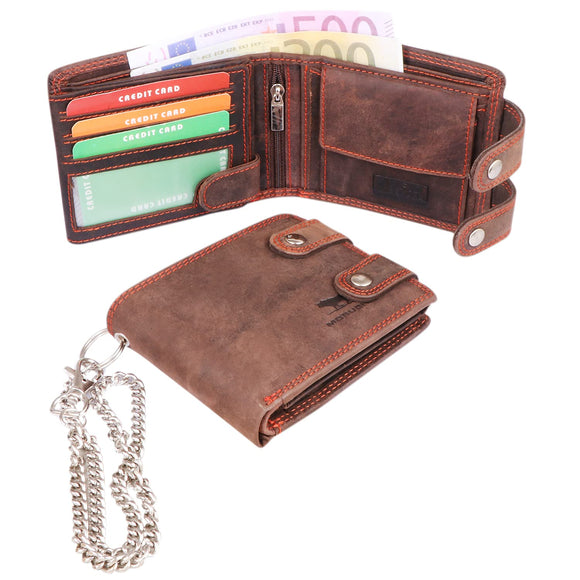 Mens Genuine Distressed Leather Biker Wallet with Detachable 31cm Safety Chain M100 Dark Brown